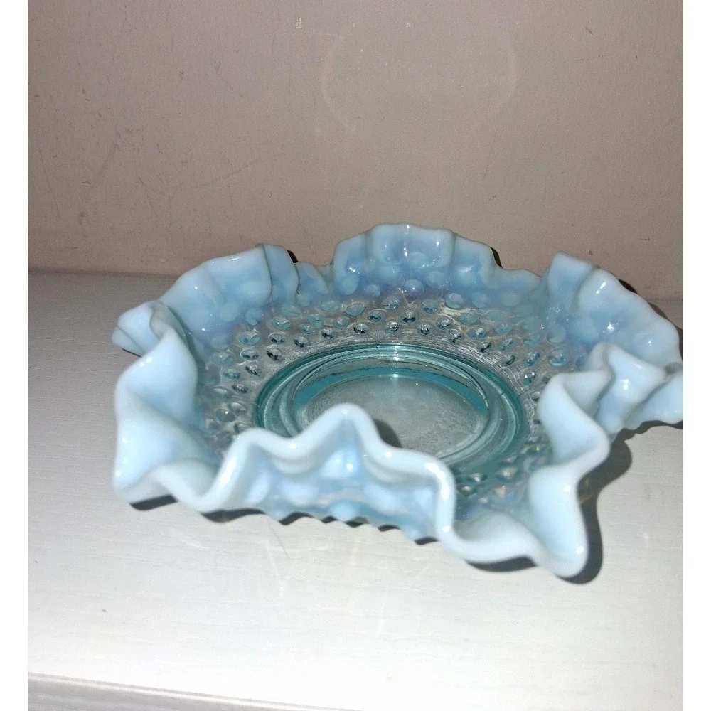 Vintage Fenton Blue Opalescent Hobnail Vase & Ruffled Plate Set 3